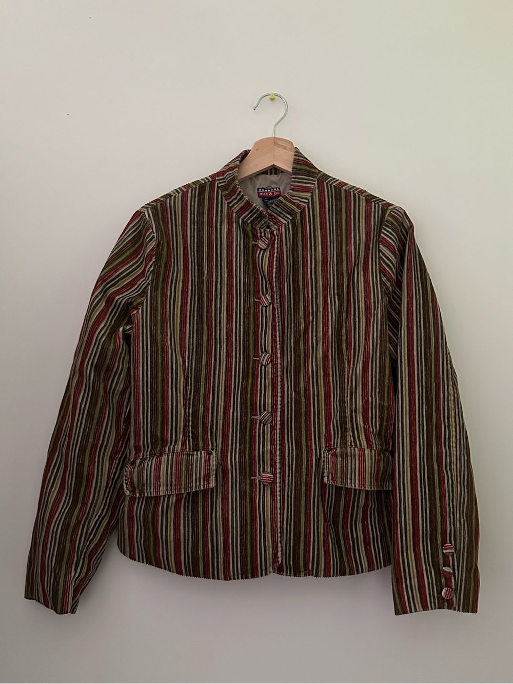 mac & jac Striped Lightweight Jacket in Olive Green & Burgundy